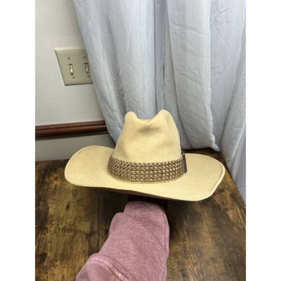 VTG Stetson 4X Western Cowboy Hat Tan Fur Felt Rancher Style USA Braided Buckle - Picture 2 of 16